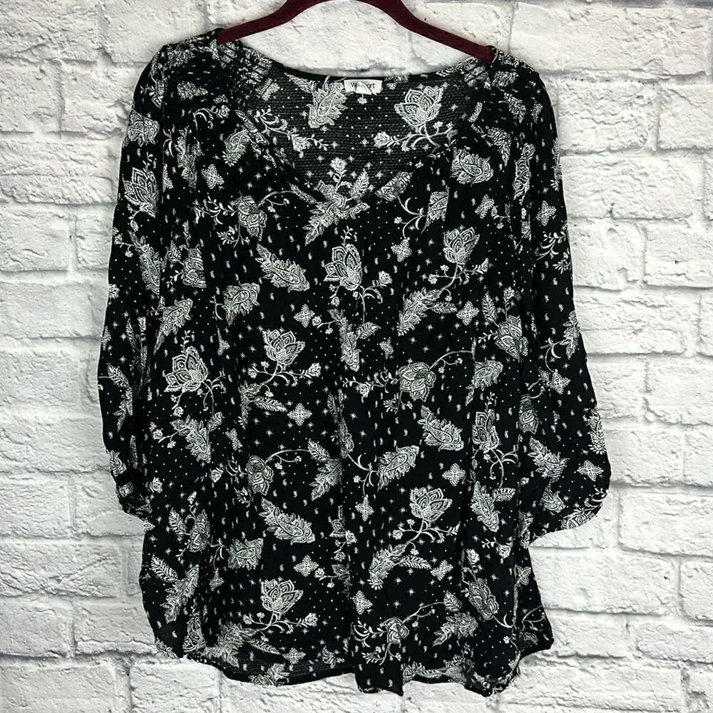 Westport Black Floral Paisley Puff Sleeve Top Womens Size 2X